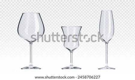 3d cocktail glasses set isolated on transparent background. Vector realistic illustration of empty containers for alcohol, juice, water, light reflection on glassware surface, party design elements