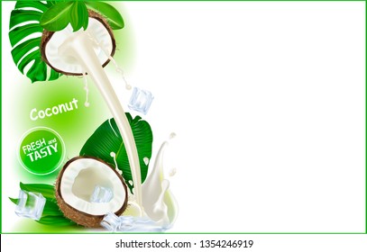3d. Coconut milk.Vector realistic image of Coconut, purified fruit.Picture for sale of fruit. Label, wrapper, poster, leaflet.