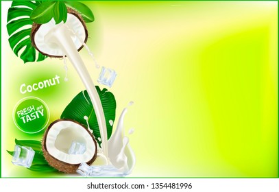 3d. Coconut milk.Vector realistic image of Coconut, purified fruit.Realistic Picture for sale of fruit. Label, wrapper, poster, leaflet.