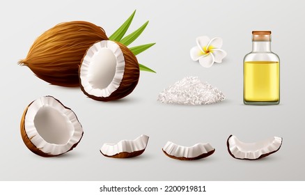3d coconut set. Nuts and oil in blank glass bottle, realistic coco flowers and palm leaves. Tropical milk drink ingredient, whole slice and piece. Natural raw food. Vector illustration set svg