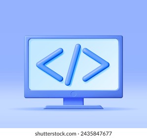 3d Code Icon on Computer Isolated. Render Api Symbols in Monitor Device. Computer Programming Language. Web Development Code Interface. Coding Round Tag. Vector Illustration