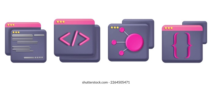 3D code icon set, business python abstract api, vector technology computer design, programming frame. Java web development html concept, UI program interface window. 3D code graphic website clipart