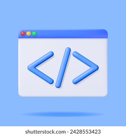 3d Code Icon Window Isolated on White. Render Python or Java Api Symbols. Computer Programming Language. Web Development HTML Code Interface. Coding Round Tag. Vector Illustration