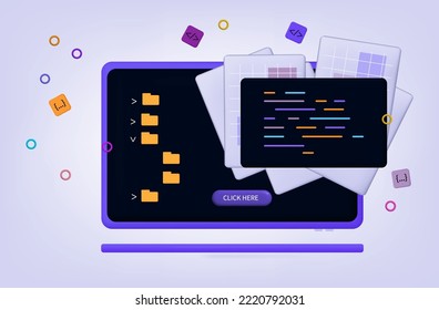 3d coding process, completed task, successful result. Software, system task, web building on laptop screen. Model development in the workplace. Application programming, system data, testing. Vector.