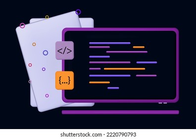 3d coding process. Software, system task, web building, bugs on laptop screen. Design, model development in the workplace. Application programming process, system data, testing. Vector illustration.