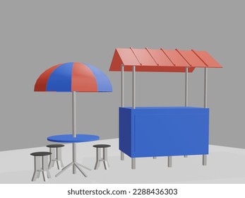 3d coffe shop complete with red and blue umbrellas and chairs for micro business