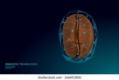3D coffee bean realistic business idea. Low poly modern cafe processing symbol. Technology product caffeine free energy drink. Science research sign vector illustration