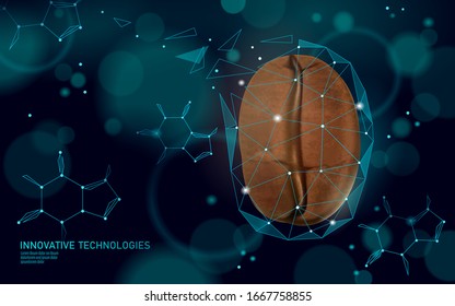 3D Kaffeebohnen realistisches Koffeinmolekül. Symbol für die Verarbeitung von Cafés in niedriger Poly. Technologieprodukt koffeinfreies Energiegetränk. Science Research-Zeichen Vektorillustration Illustration