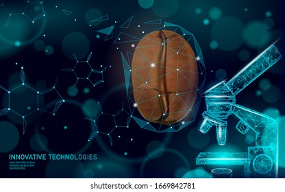 3D coffee bean realistic caffeine molecule. Low poly modern cafe processing symbol. Technology product caffeine free science research. Science research sign vector illustration