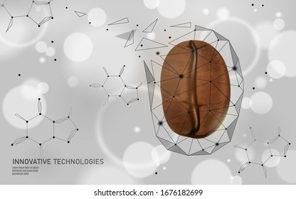 3D coffee bean realistic caffeine molecule. Low poly modern cafe processing symbol. Technology product caffeine free energy drink. Science research sign vector illustration