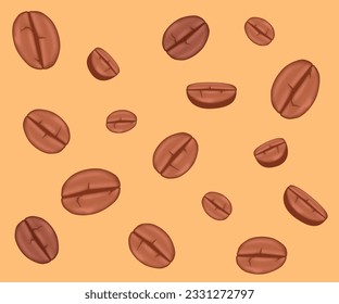 3D Coffee beans creative pattern on yellow background. Top view. Coffee beans and Energy concept, huge coffee beans seamless pattern. 3D cartoon print