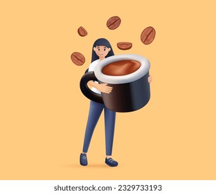 3D Coffee beans and Energy concept. Young smiling woman cartoon character barista walking holding huge coffee beans in cup vector illustration. 3D render illustration