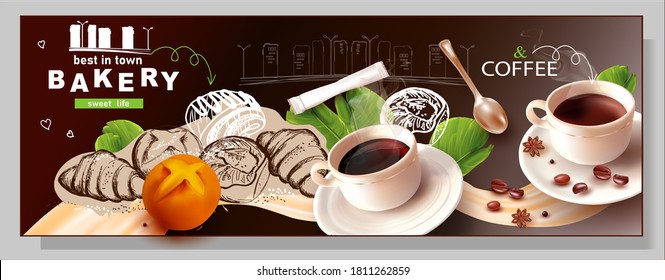 3d Coffee beans.Cup and saucer.A Cup Of Coffee.Bakery.Pastry.Pencil hand drawing.Poppy seed bun.Butter roll.Confectionery on black background.logo.Arrow.Vector illustration.