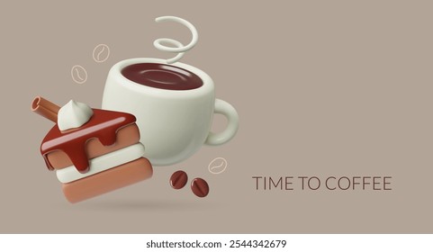 3d coffee break banner with cup of black coffee and chocolate cake. White mug with hot tea cake piece three dimensional vector cafe background design. 