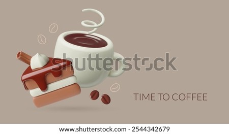 3d coffee break banner with cup of black coffee and chocolate cake. White mug with hot tea cake piece three dimensional vector cafe background design. 