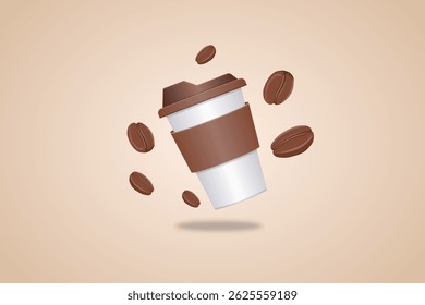 3D Coffee Cup with Flying Beans – Minimalist Hot Drink Illustration