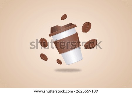 3D Coffee Cup with Flying Beans – Minimalist Hot Drink Illustration