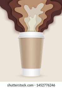3d coffee cup with papercut coffee splashes and shadows. Coffee splash. Disposable takeaway paper vector coffee cup in realistic style