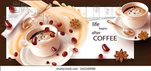 Café 3D en una copa con una cucharadita. Cae granos de café. Bolsa de azúcar.  Stars Anise aislado en el fondo blanco. Especias chinas. Ilustración vectorial.