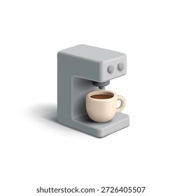 Máquina de café 3D com uma xícara de café. Imagem minimalista de um aparelho elétrico com uma bebida de café fragrante em um fundo branco. Ilustração vetorial.