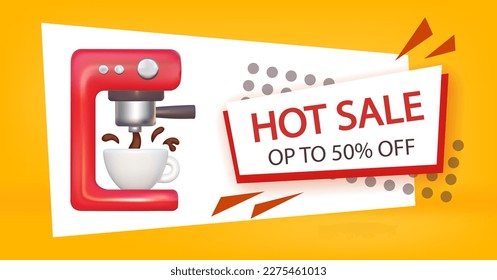 3d coffee machine with cup and splash. Discount offer template with badge hot sale. Banner cafe or coffee shop. Preparation of delicious the perfect espresso.