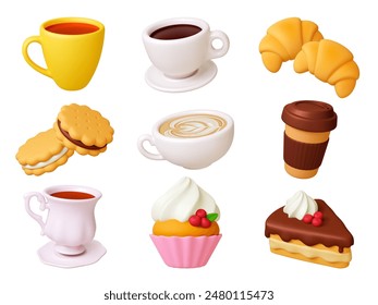 3d coffee and pastry. Tea cup, take away and cappuccino. Croissants and cookies, sweet cake desserts with cream and chocolate. Bakery shop pithy vector set