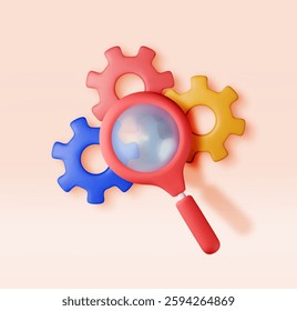 3D cog gears with magnifying glass isolated. Render loupe with cog wheels icon. Search engine optimization, debugging, software upgrade. Review, inspection and analysis service. Vector illustration