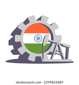 Rueda de cog 3D con bomba de aceite texturada por bandera de la India. Concepto de industria minera y pesada.