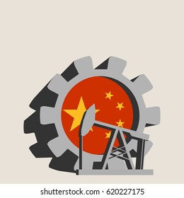 3D cog wheel with oil pump textured by China flag. Heavy and mining industry concept.