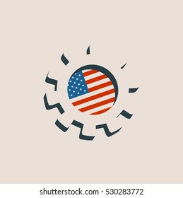 3D cog wheel with USA flag. Precision machinery relative backdrop