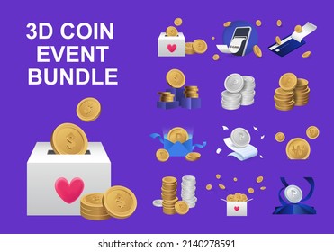 3D coin event bundle illustration set. receipt, cash box, mobile phone, money, cash.Vector drawing. Hand drawn style.