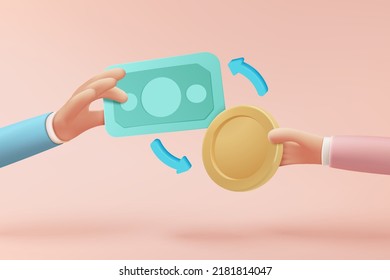 3D coin exchange via banknote on pink pastel background. holding money in business hand concept. finance investment and online payment. 3d money exchange icon vector render illustration