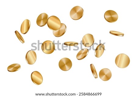 3d coin gold flow, fall or levitate spinning in air. Golden dollar currency fly, rotate, drop as rain side view. Top money for insurance, casino gamble, slot game prize. Cash treasure realistic render