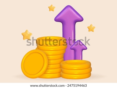 3d coin gold stack with arrow and star in success rate. 3d money with arrow on graph up. Pile coin profit. Vector render illustration.