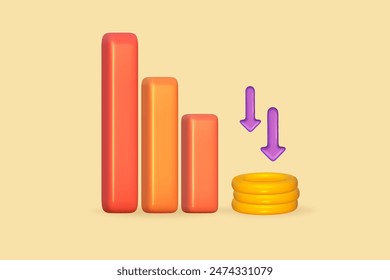 Pila de oro de la moneda 3d con la barra abajo. Dinero 3d con flecha en el gráfico hacia abajo. Pérdida de monedas. Ilustración de procesamiento de Vector.