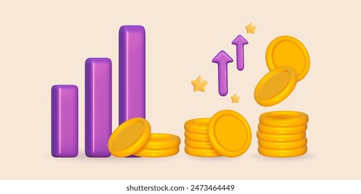 3d coin gold stack with growth bar in success rate. 3d money with arrow on graph up. Pile coin profit. Vector render illustration.