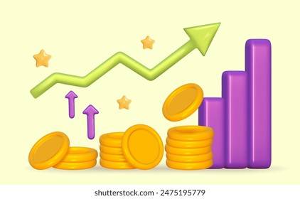 3d coin gold stack with growth bar in success rate. 3d money with arrow on graph up. Pile coin profit. Vector render illustration.