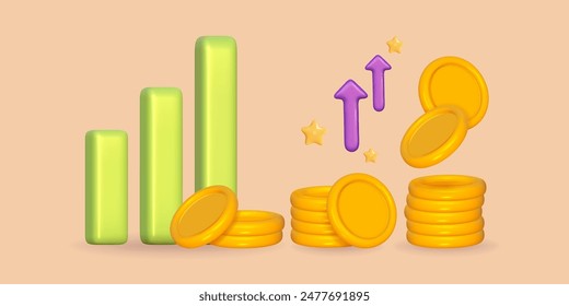 3d coin gold stack with growth bar in success rate. 3d money with arrow on graph up. Pile coin profit. Vector render illustration.