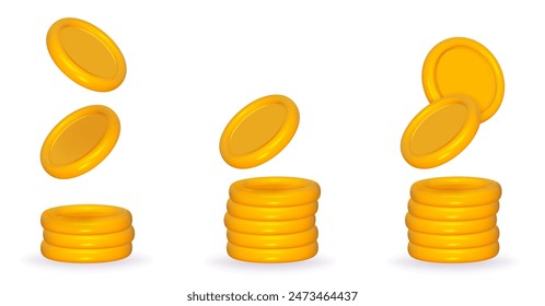 Ilustración vectorial de pila de oro de moneda 3d aislada. Pila amarilla de dinero. Torre de monedas de juego.