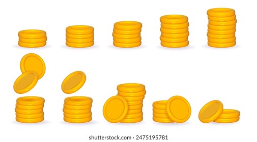 Ilustración vectorial de pila de oro de moneda 3d aislada. Pila amarilla de dinero. Torre de monedas de juego.