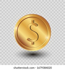 3D coin.  Golden Dollar. Vector Money on the transparent background. 