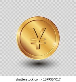 3D coin.  Golden Yuan. Vector Money on the transparent background. 
