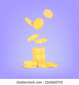 3d coin stack and flying coins on blue background. Financial success and growth concept. Vector rector cartoon illustration