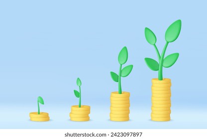 3d Moneda con árboles en un gráfico de crecimiento. El concepto de ahorro de dinero. financiar el desarrollo sostenible, el dinero de almacenamiento, la inversión empresarial, el crecimiento económico. 3 quinquies de representación. Ilustración del vector