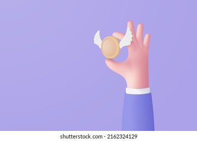 3D coin with wings in hand holding on purple background. Floating currency, lost money, money saving, bank, finance, business investment concept. 3d online payment icon vector render illustration