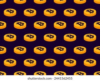 3D coins with Bitcoin symbol seamless pattern. Bitcoin coins gold color. Bitcoin cryptocurrency, crypto trading. Design of wallpapers, banners and posters. Vector illustration