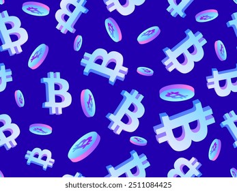 3d coins and Bitcoin symbol seamless pattern. Cryptocurrency coin in isometric style. Crypto trading. Colorful gradient. Design for wallpaper, banners, covers or posters. Vector illustration