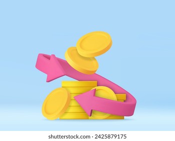 3d Coins floating with arrows. Cashback and return in online shopping. Concept of refund and digital payment with money back. 3d rendering. Vector illustration