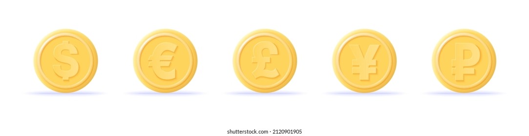 3D coins icons set dollar, euro, pound, yen and ruble. 3d money render. Currency exchange, business financial investment and stock market investment. Realistic coins vector illustration.