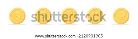 3D coins icons set dollar, euro, pound, yen and ruble. 3d money render. Currency exchange, business financial investment and stock market investment. Realistic coins vector illustration.